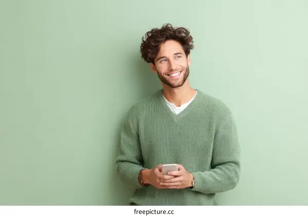 Smiling Man Holding Smartphone Against a Mint Green Background