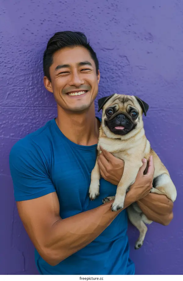 Asian man smiling while holding a pug