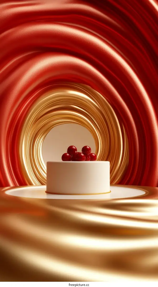 Luxury Cake Display with Red and Gold Background