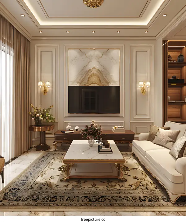 European style living room with marble and wood