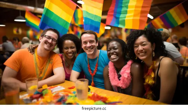 A group of friends celebrate Pride together at a bar.