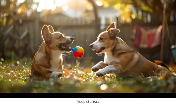 Two Pembroke Welsh Corgis playing with a ball in the backyard