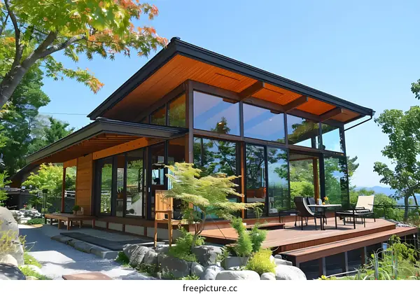 Modern Japanese Style Home with Large Windows and Wooden Deck