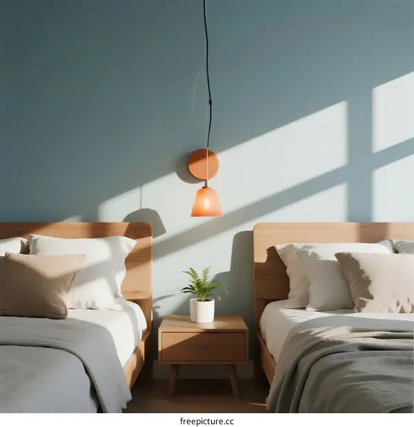 Modern twin beds with wooden headboards in bright blue room