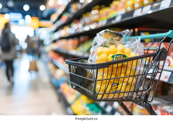 Closeup of a shopping cart with yellow cheese balls in a supermarket