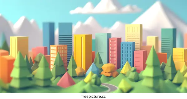 Low Poly Cityscape with Green Trees and Mountains in the Background