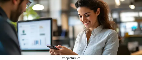 Smiling Businesswoman Using Smartphone In Office