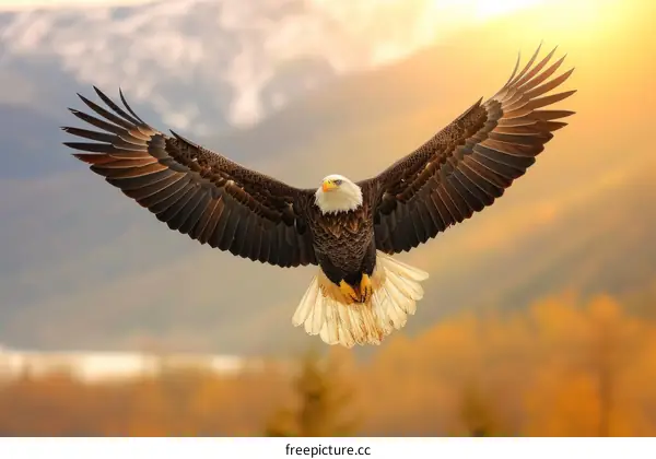 majestic bald eagle soars above the autumn forest