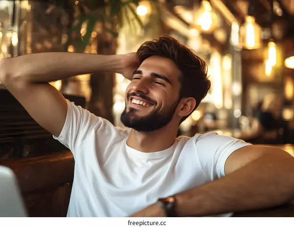 Happy Man with Beard Sitting in Cafe
