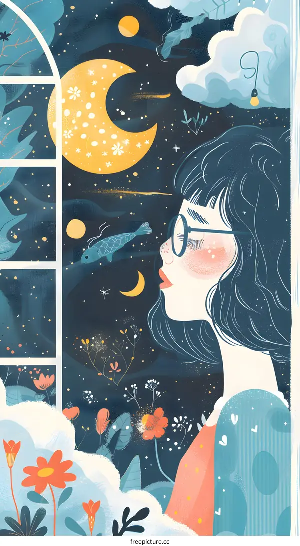 Girl Looking Out Window at Night Sky Illustration