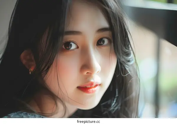 Close Up Portrait of a Young Asian Woman with Long Black Hair