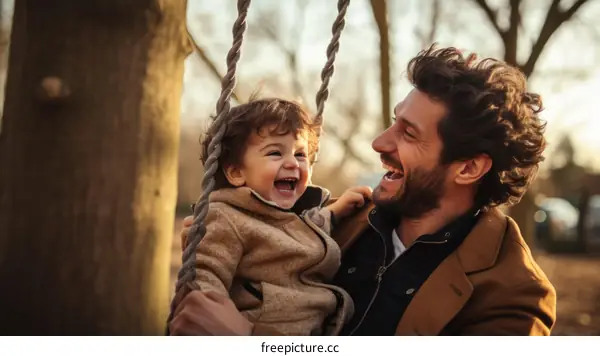 Father and son playing on a swing in the park