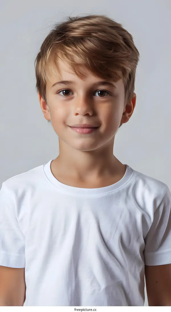Portrait of a happy smiling young boy in a white t-shirt