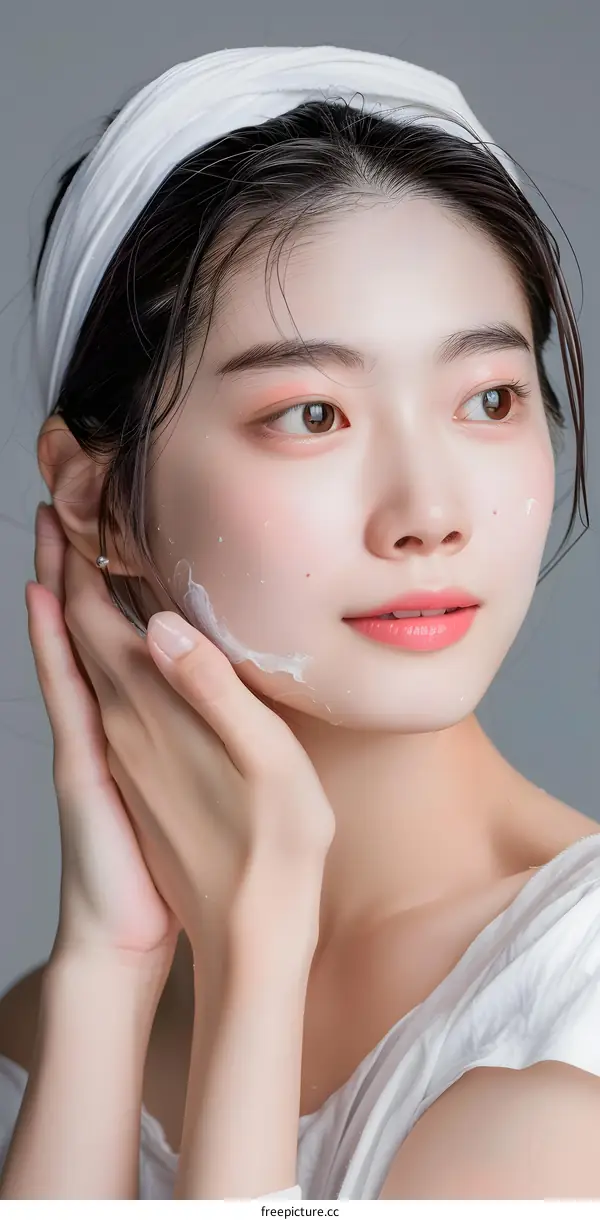 Portrait of an Asian Woman with White Cream on Her Face