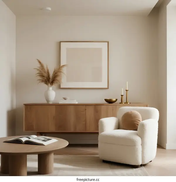 Minimalist living room with wooden cabinet and beige armchair