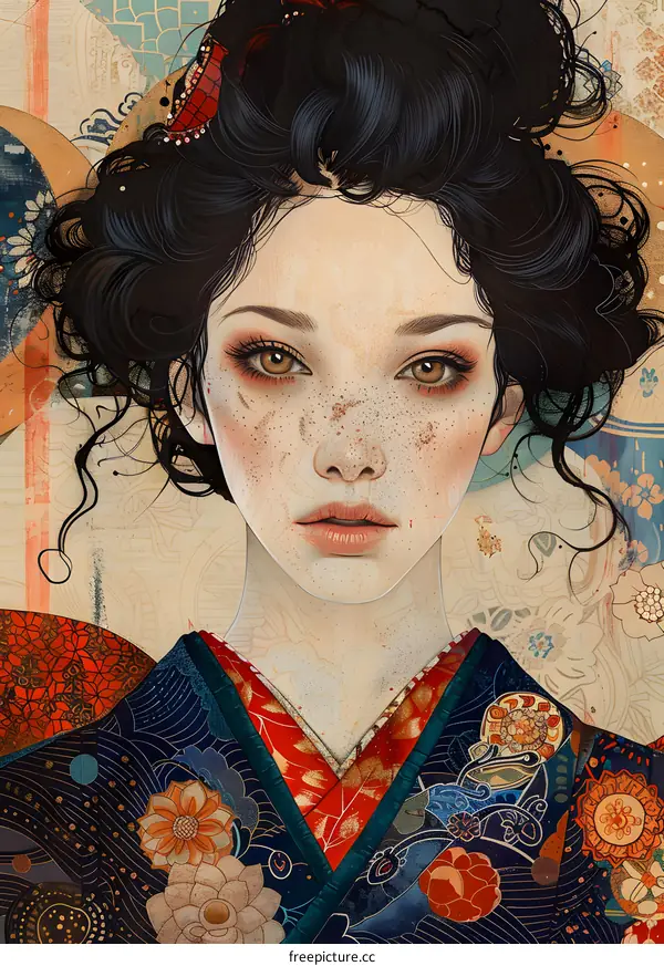 Beautiful Woman with Freckles in Japanese Kimono