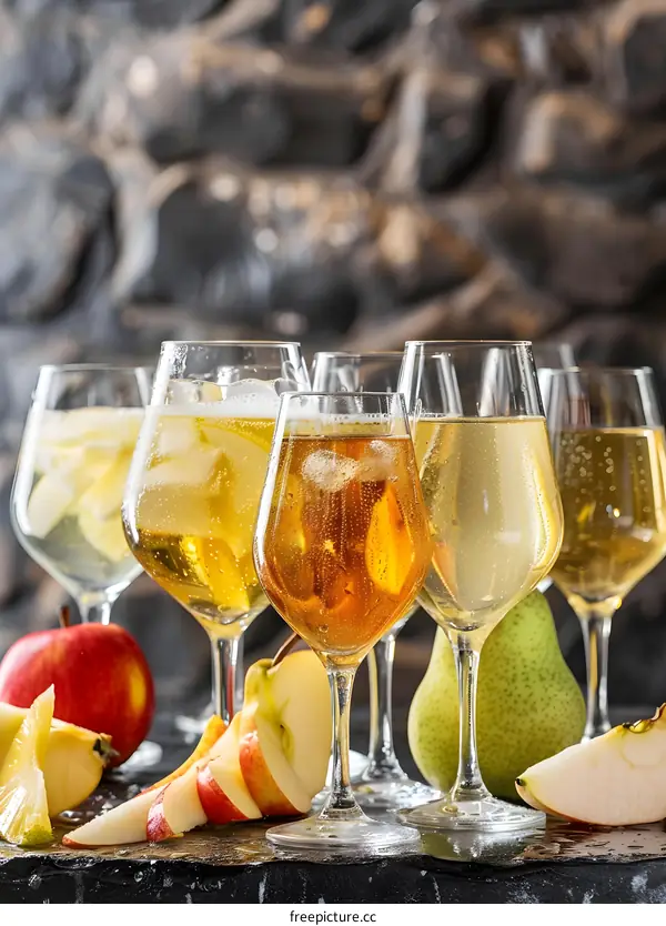 Variety of Sparkling Apple Cider Drinks with Pears and Apples
