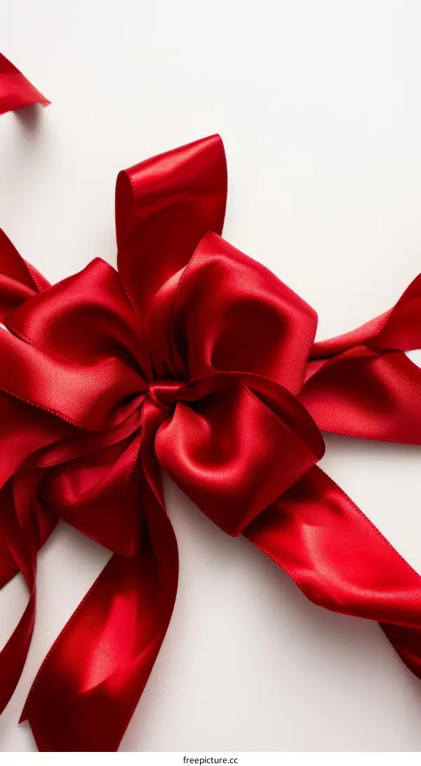 Close up of a studio shot of a red satin bow on a white background