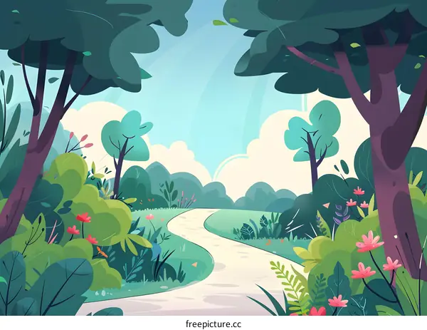 Cartoon Illustration of a Winding Path in a Lush Forest