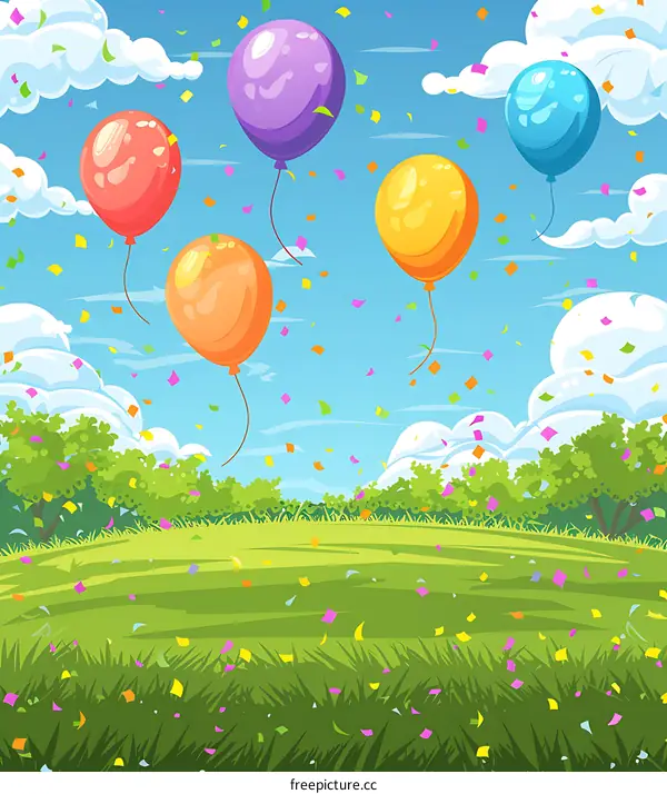 Colorful Balloons Floating in Sky Above Green Field