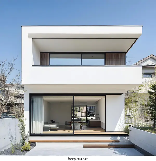 Modern Minimalist White House with Wooden Balcony and Sliding Glass Doors