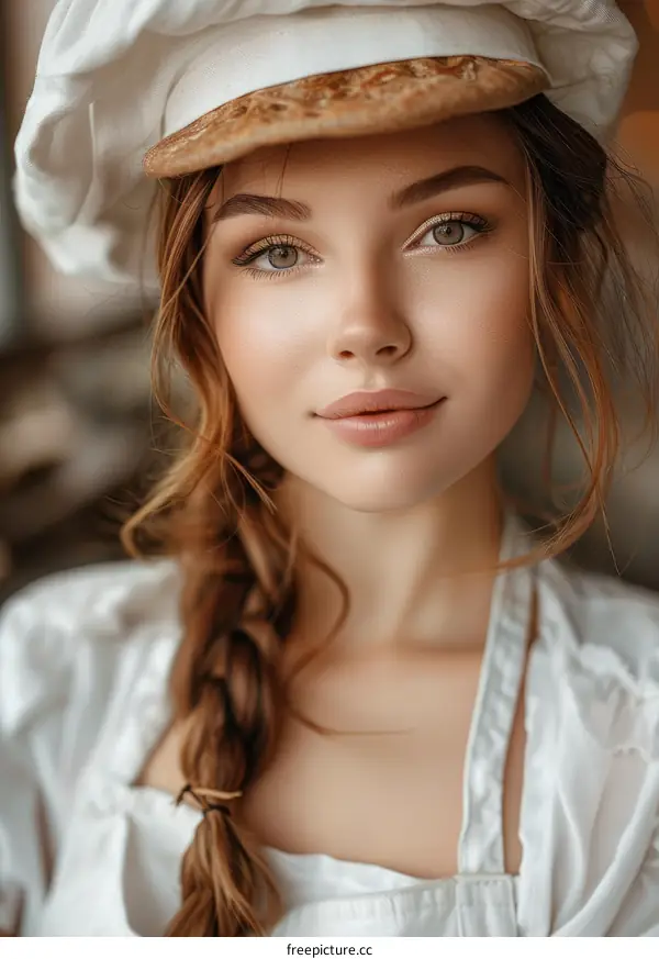 Portrait of a Young Woman Chef with Brown Hair Wearing a White Toque