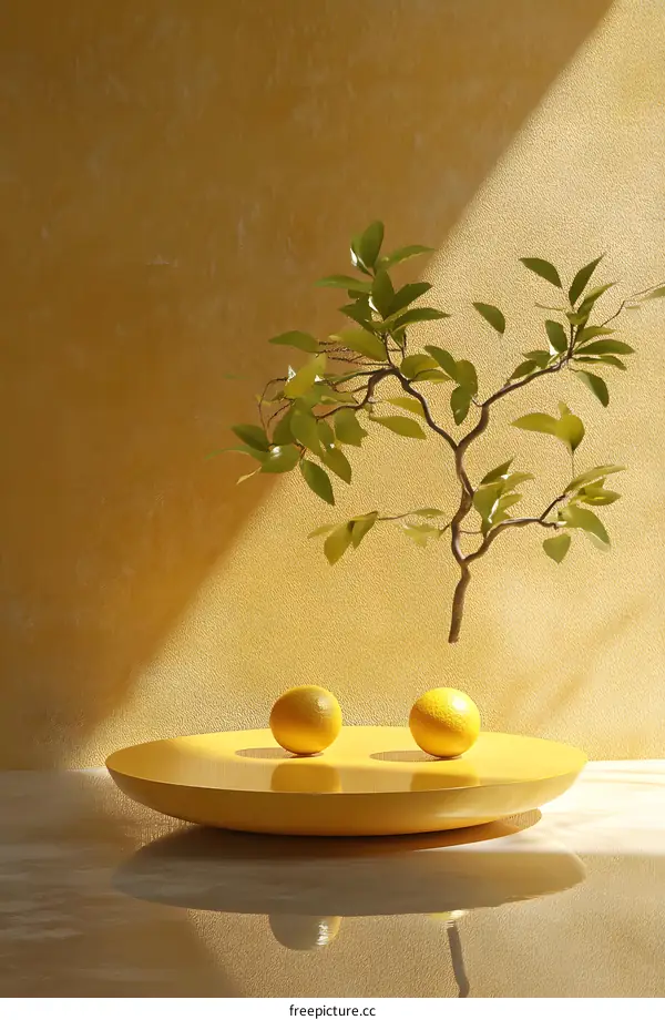 Minimalist Still Life with Yellow Lemons and Green Leaves on a Yellow Plate