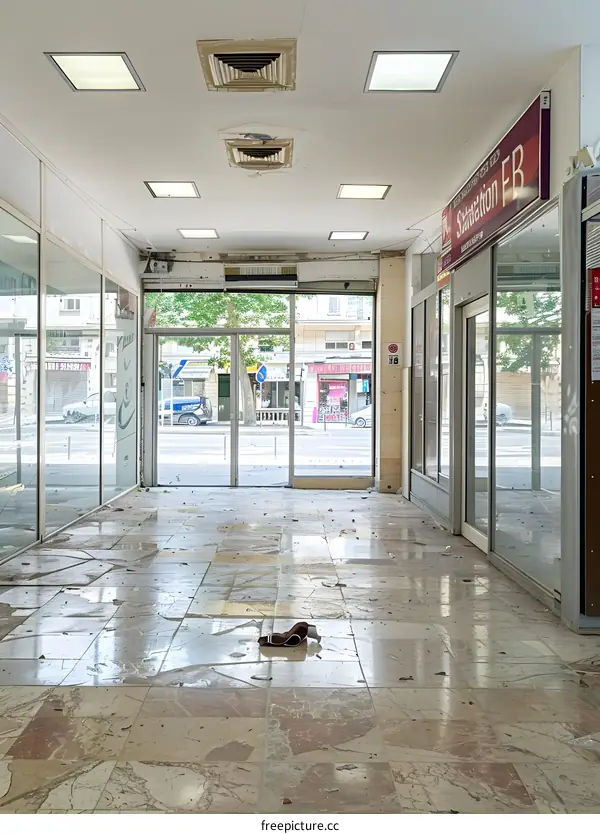 Abandoned Store Front With Broken Tile Floor