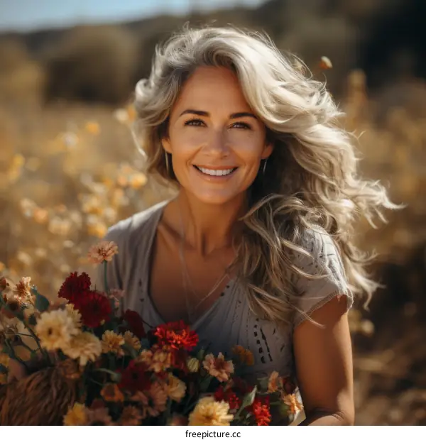 Portrait of a smiling woman with blonde hair holding a bouquet of flowers
