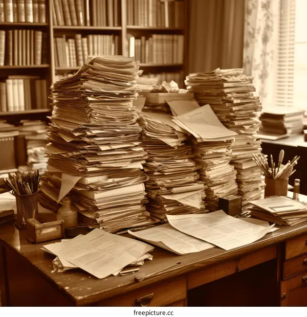 piles of paper on desk and in bookshelves