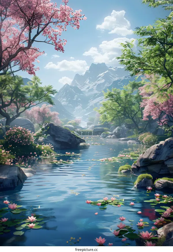 Serene Landscape with Cherry Blossoms and Mountains