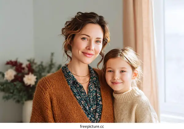 Mother and Daughter Portrait in Cozy Autumnal Style