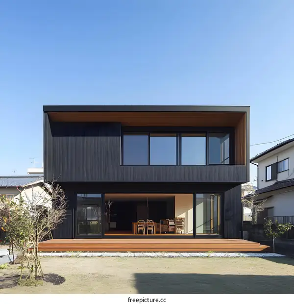 Modern Black House with Wooden Accents and Large Windows