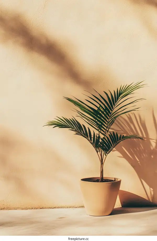 Minimalist Palm Tree Plant In Pot Against Beige Wall