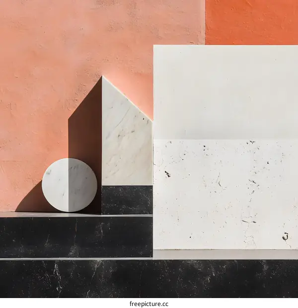 Abstract Minimalist Geometric Shapes with a Marble Texture and a Colored Wall Background
