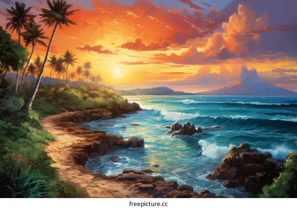 Beach Sunset Scenery With Coconut Trees And Mountains