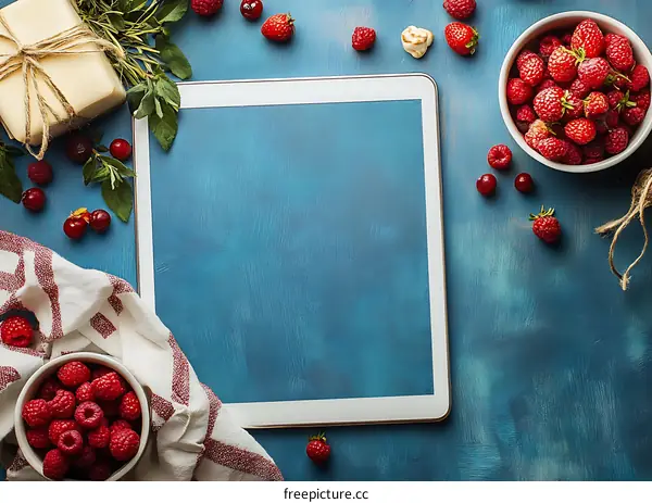 Flat lay with tablet, red berries and mint on blue background