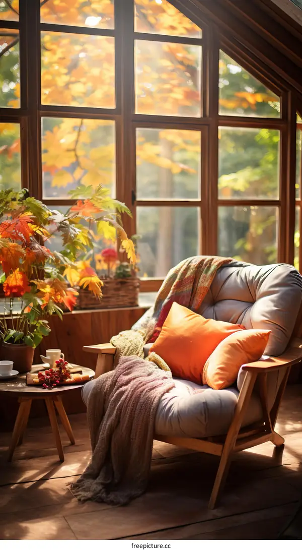 A Cozy Living Room with a View of Autumn Foliage
