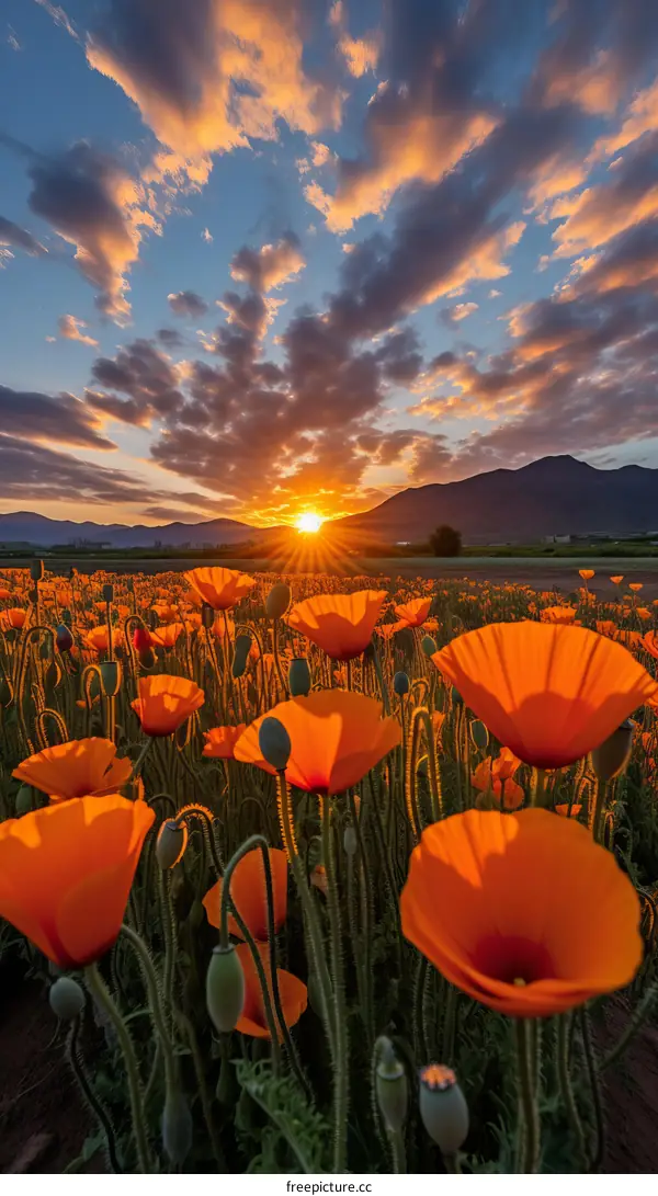Orange flowers field with mountains at sunset