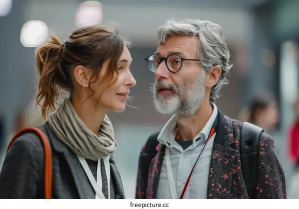 A man and a woman are talking at a conference.