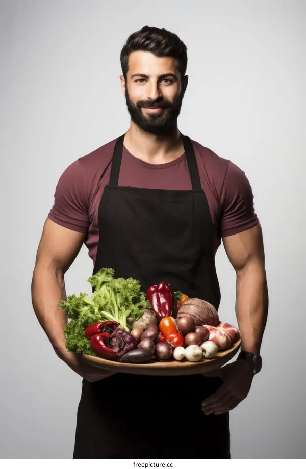 muscular man holding a plate of vegetables