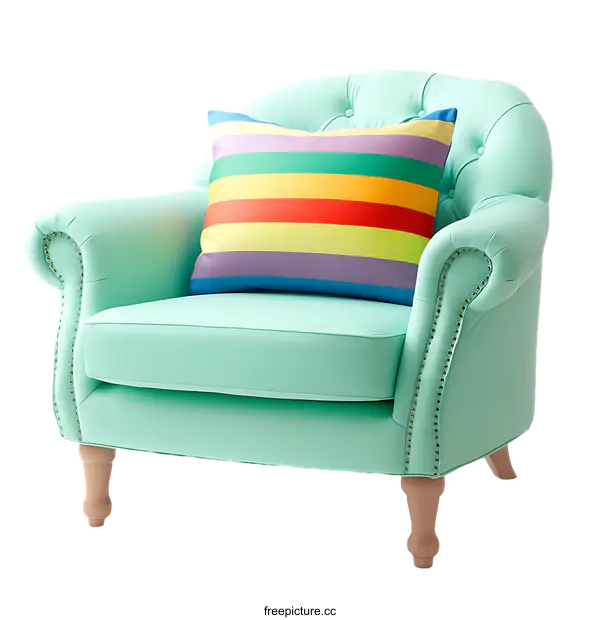 [Transparent Background PNG]Pastel Green Armchair with Rainbow Pillow