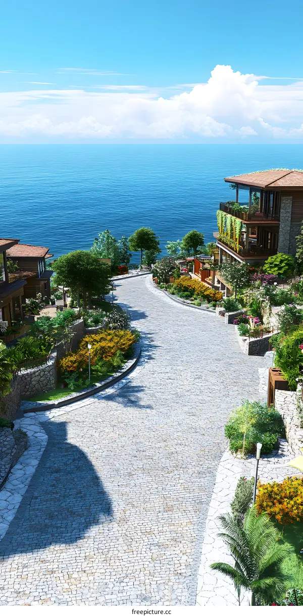 Cobblestone Path Leading to Oceanfront Houses