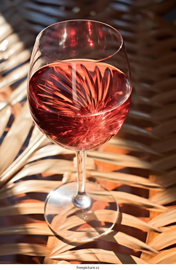 Close-up of a glass of rose wine on a table with a palm leaf in the background