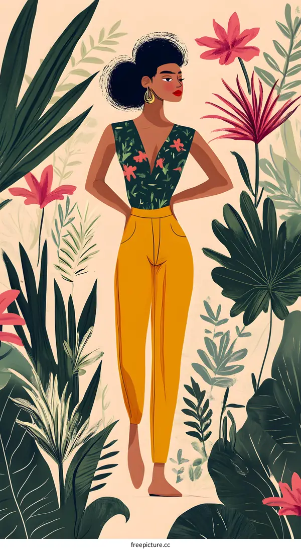 Woman in Yellow Pants Surrounded by Lush Green Tropical Foliage