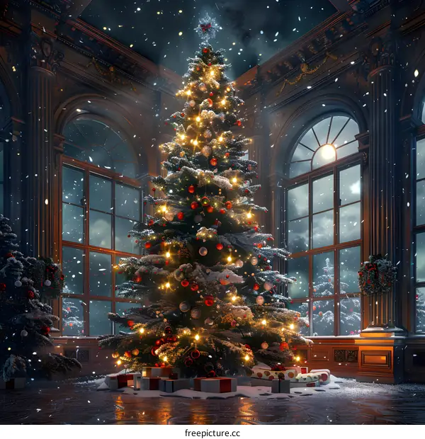 Exquisitely decorated Christmas tree by the fireplace