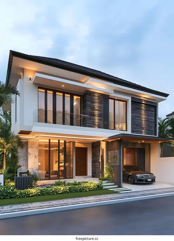 Modern Two Story Home Exterior Design with Brick Walls