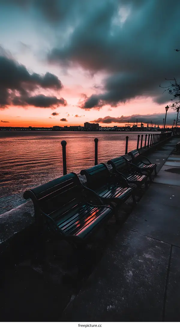 Empty Benches on the Waterfront at Sunset