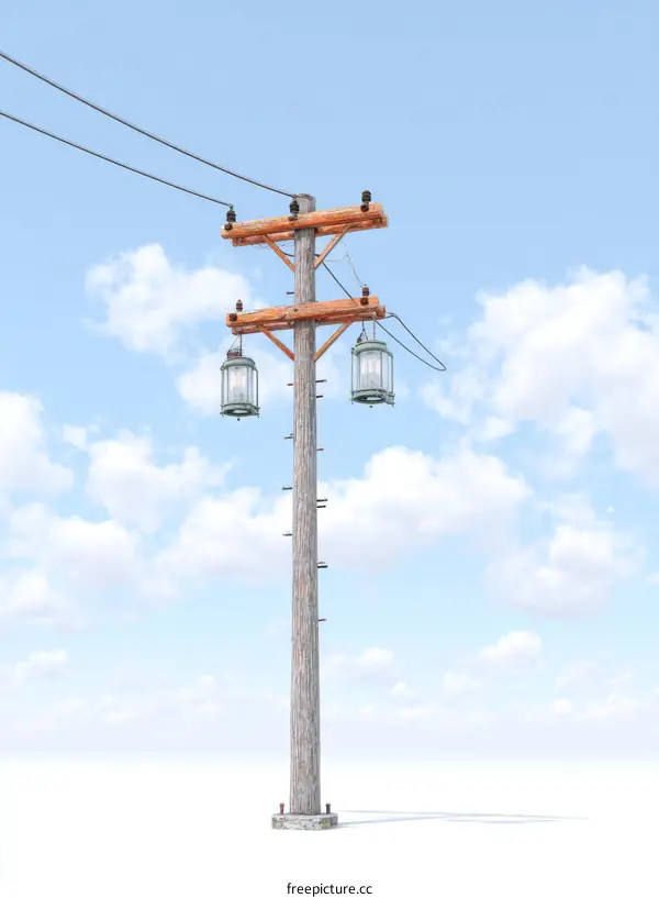 Vintage Wooden Utility Pole with Lanterns