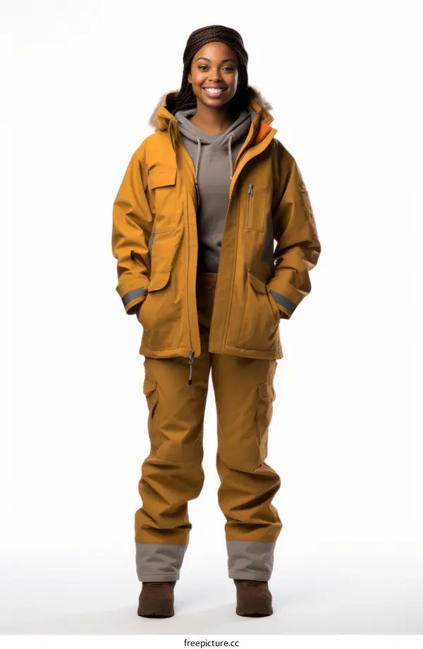 Black woman wearing a yellow jacket and pants